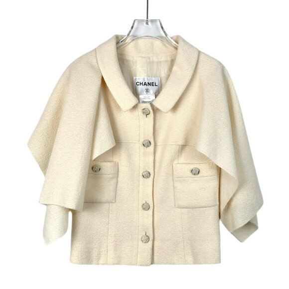 Chanel Beige Wool Cape Jacket With Rhinestone Buttons Pockets